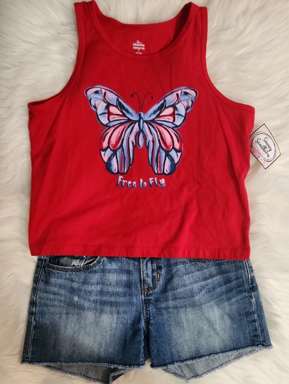 2 Pc Outfit: Distressed Denim Shorts - Kids Size 12 - Brand: Old Navy - Red Tank
